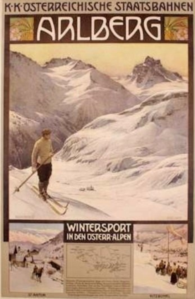 Eine Person auf Skiern umgeben von Bildern von Menschen und Bergen auf einem Wintersportplakat in den österreichischen Alpen.