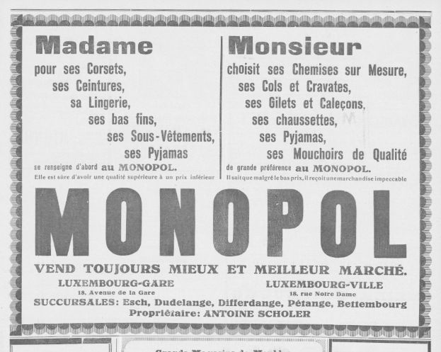 Schwarze und weiße Zeitungsanzeige für das Monopoly-Brettspiel mit Text, der seine Merkmale beschreibt.