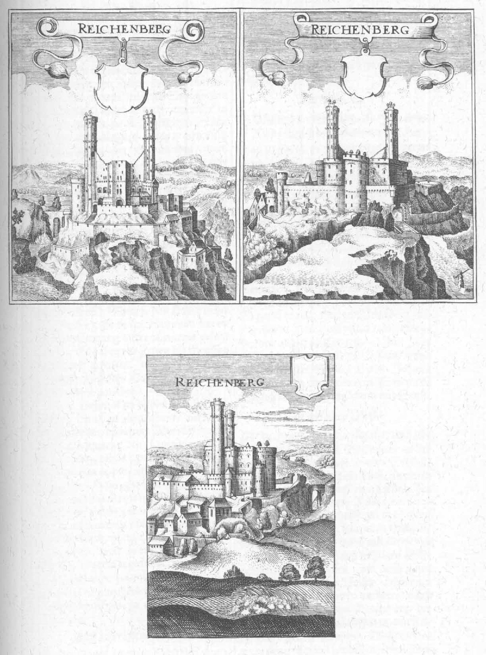 Offenes Buch mit dem Titel "Reichenberg Burg", das eine Burg-Illustration auf einem Hügel zeigt, umgeben von Bildern von Gebäuden, Bäumen, Hügeln und Himmel, veröffentlicht von der Deutschen Bibliothek des Kongresses.