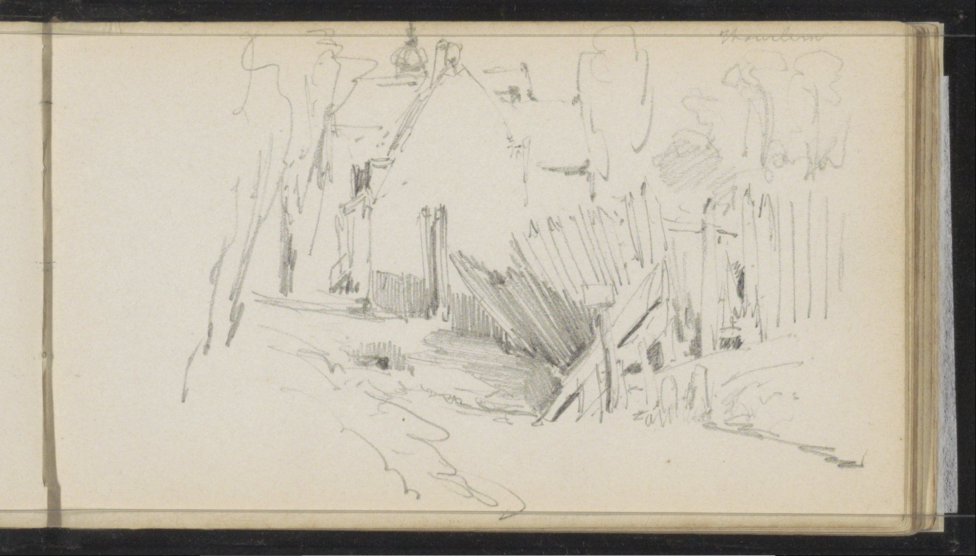 Eine Schwarz-Weiß-Zeichnung einer Stadtstraße mit einem Gebäude im Hintergrund, erstellt von Joseph Mallord William Turner zwischen 1805 und 1898, aus der National Portrait Gallery in London.