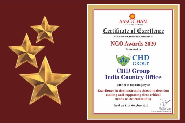 Auszeichnung für die Ngo Awards 2020 mit dem Text "Chd Group India Country Office" und einem Schild-Logo mit einem zentralen Stern und einem Lorbeerkranz.