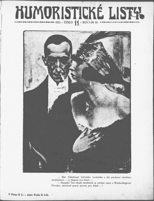 Schwarz-weißes Magazin-Cover mit der Überschrift 'Humoristische Liste', das einen Mann in Anzug mit ernstem Gesichtsausdruck und eine Frau zeigt, die wegsieht und leicht schmunzelt.