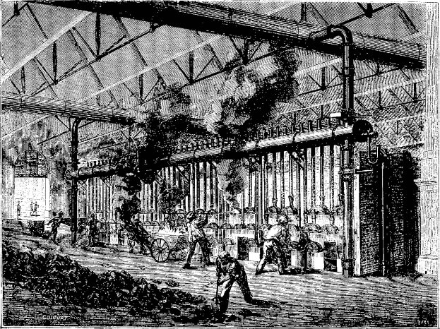 Schwarze und weiße Zeichnung einer hektischen Stahlfabrik der 1910er Jahre mit Arbeitern, Pfählen und Maschinen.