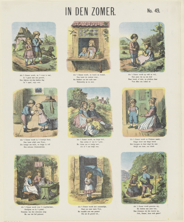 Ein buntes Kinderbild mit spielenden Kindern in einem üppigen Garten, mit unterhaltsamem Text darunter.