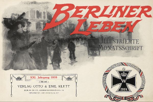 Ein altes Buchcover mit einer Gruppe von Menschen in festlicher Stimmung, Text "Berliner Leben" und Logo der deutschen Armee.