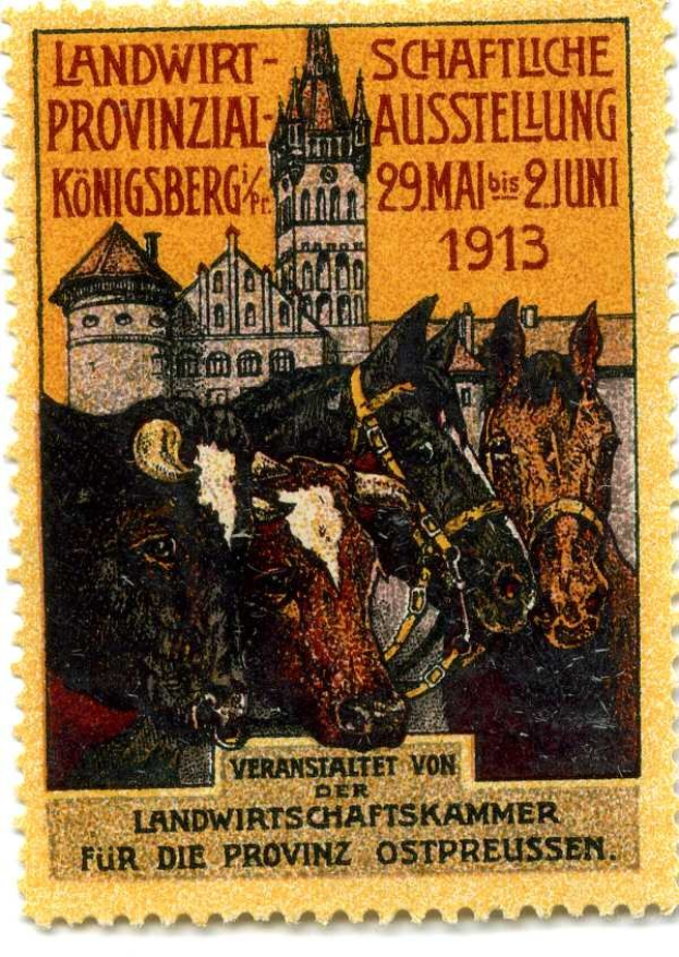 Deutscher Briefmarkenaufkleber aus etwa 1913 mit drei Kühen und einem Schloss, mit der Aufschrift "Landwirtschaftskammer".
