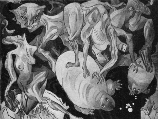 Schwarzes und weißes Zeichnung von 1938 von ARTIST mit einer Gruppe von Tieren, darunter ein Löwe, eine Giraffe, ein Zebra und ein Flusspferd in einem dunklen, mysteriösen Raum mit zusätzlichem Text.