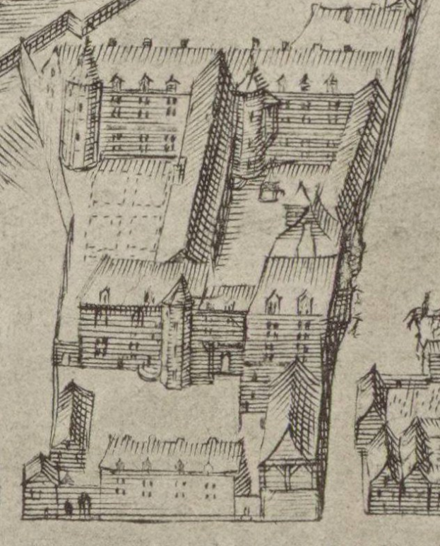 Eine handgezeichnete Stadtansicht mit mehreren Gebäuden, darunter ein zentrales Haus und handgeschriebener Text auf dem Papier.