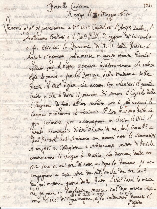 Handgeschriebener Brief von Francesco Carissimo an den Präsidenten von Italien, datiert 1721, auf altem vergilbten Papier mit sauberer Kursive.