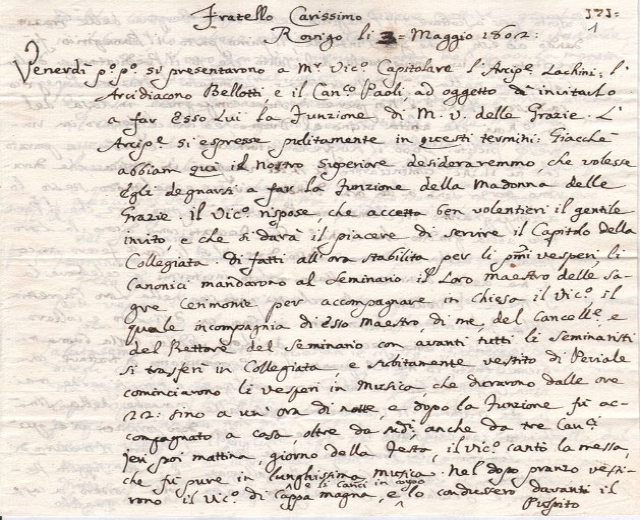 Handgeschriebener Brief von Francesco Carissimo an den Präsidenten von Italien, datiert 1721, auf altem vergilbten Papier mit sauberer Kursive.