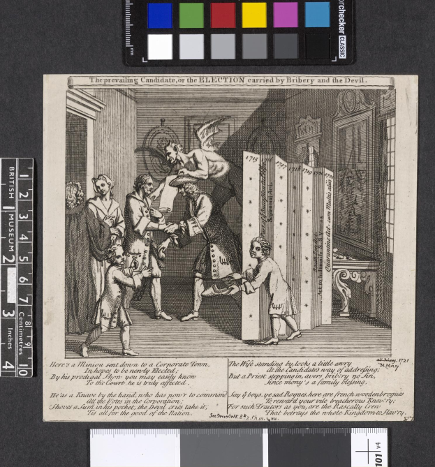 Schwarz-weißer Stich mit einer Gruppe von Menschen um einen zentralen Text- und Farboptionen enthaltenden Papier, symbolisierend Wahlkorruption.