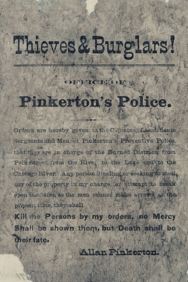 Plakat mit fetter schwarzer Schrift "Diebe & Einbrecher Pinkerton's Police" in der Mitte auf einem weißen Hintergrund gerahmt von einem schmalen schwarzen Rand.