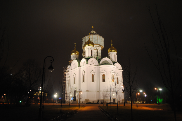 Die Kathedrale des Erlöserblutes in Kiev, Ukraine, ein großes weißes Gebäude mit Fenstern und Türen, umgeben von Bäumen und Laternenmasten, mit einer Straße davor und einem dunklen Himmel im Hintergrund.