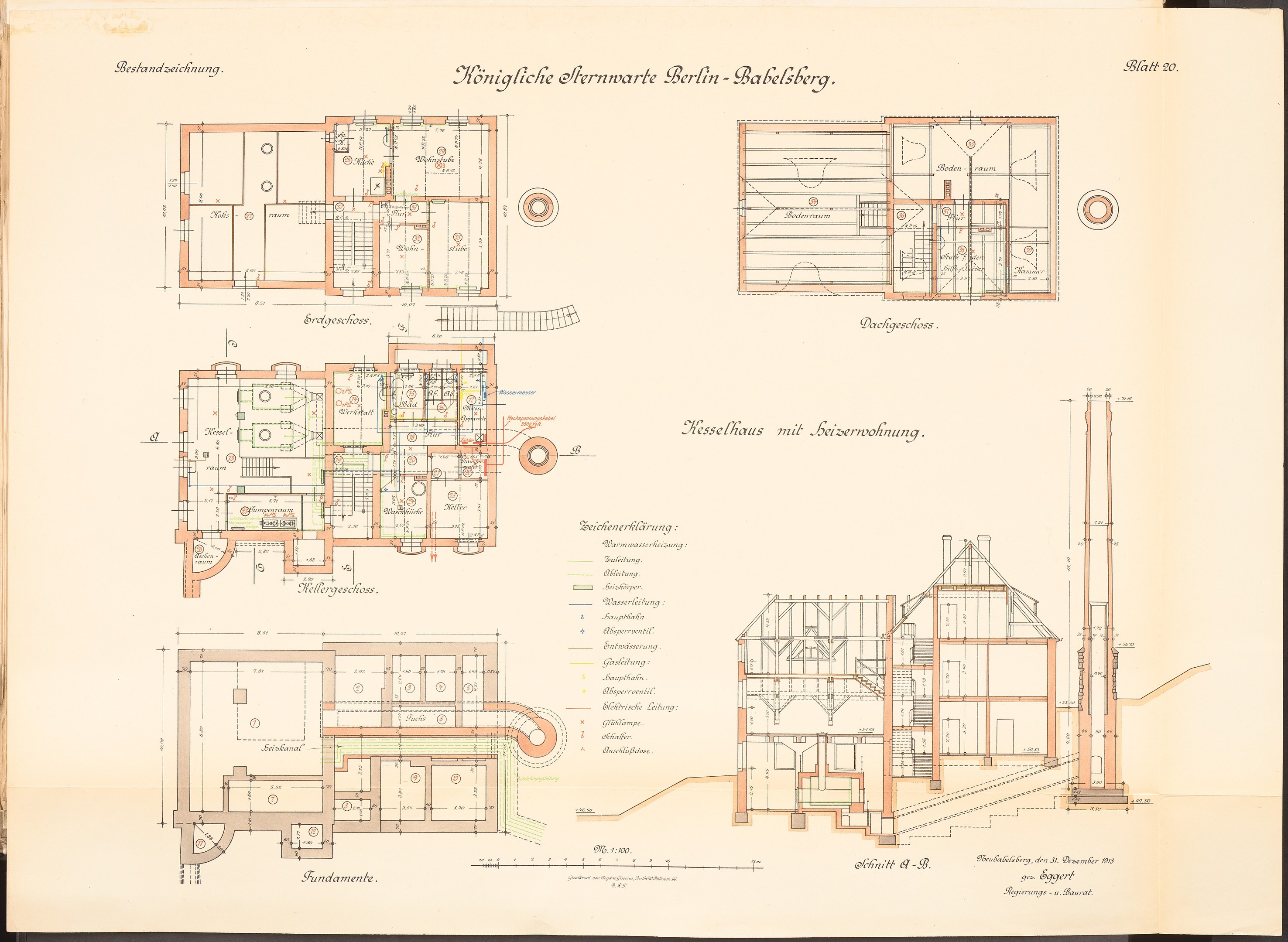 Altes Buch mit einem detaillierten architektonischen Plan der Königliche Hermwerk Berlin-Baklberg, enthaltend Zeichnungen und Text.
