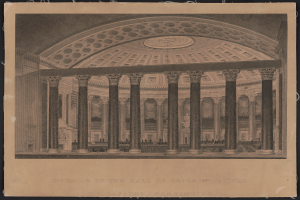 Ein Schwarz-Weiß-Zeichnung des Inneren des Repräsentantenhauses in Washington, DC, zeigt eine Gruppe von Menschen im Vordergrund, Säulen im Hintergrund und eine Decke darüber, mit Text unten.