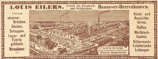 Eine alte Werbung für die Louis Eilers Hannover-Herrenhausen-Fabrik, die das Fabrikgebäude mit einem Textüberblatt zeigt.