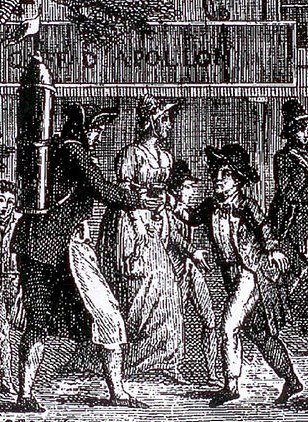 Schwarze und weiße Zeichnung einer Gruppe verzweifelter Menschen, die eine Straße entlanglaufen und an einem Gebäude vorbeikommen, mit der Beschriftung "Victorianische Unruhen in London" unten.
