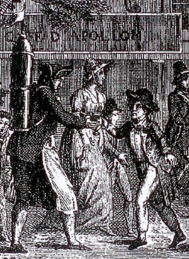 Schwarze und weiße Zeichnung einer Gruppe verzweifelter Menschen, die eine Straße entlanglaufen und an einem Gebäude vorbeikommen, mit der Beschriftung "Victorianische Unruhen in London" unten.