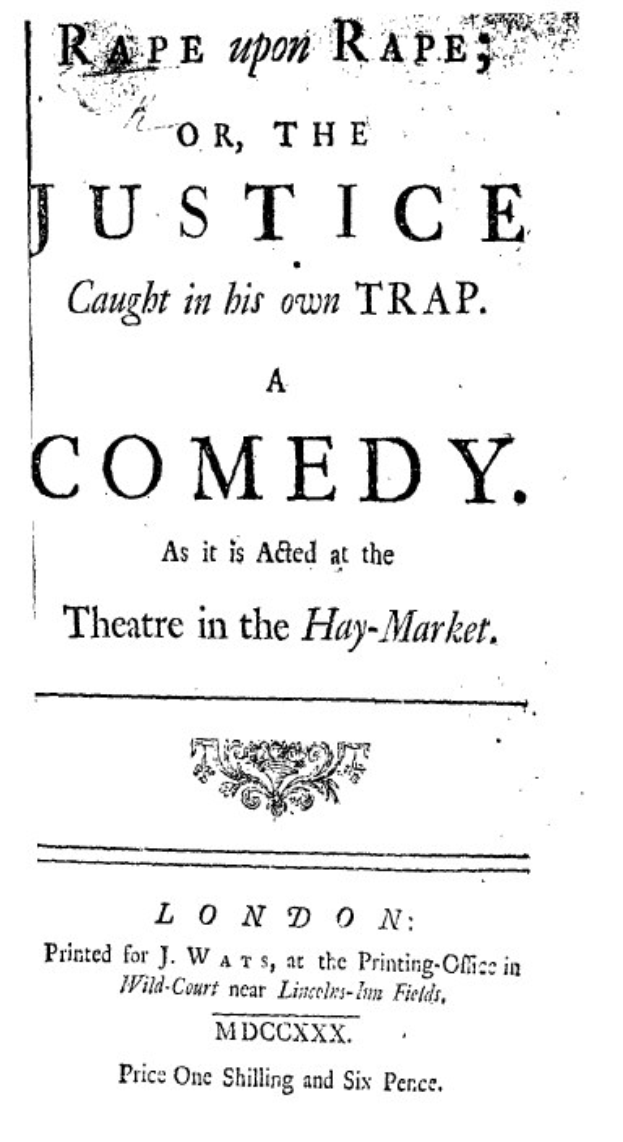 Schwarzes und weißes Plakat mit fetter schwarzer Schrift, die "Vergewaltigung auf Vergewaltigung oder die Gerechtigkeit, die in ihrer eigenen Falle gefangen ist" liest, wahrscheinlich Ankündigung einer Comedy-Show.