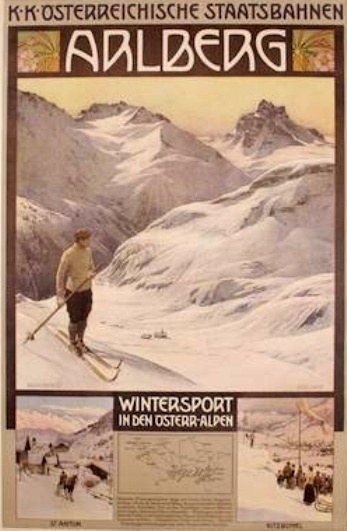 Ein Plakat für einen Wintersport in den österreichischen Alpen, das einen Skifahrer umgeben von Bildern von Menschen und Bergen mit Text zeigt.