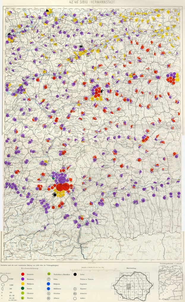 Ein Plakat mit einer Deutschlandkarte, die die Bevölkerungsverteilung durch farbige Punkte und Text am unteren Rand zeigt.