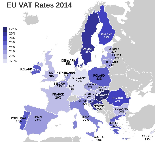 Eine Europakarte, die die EU-MwSt-Sätze für 2014 zeigt, mit Prozentangaben und Text für jedes Land.