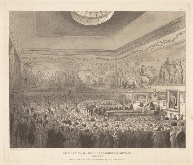 Gravur eines großen Raums mit stehenden und sitzenden Menschen, Fotorahmen an den Wänden und einer Decke, mit Text unten, der "Gesellschaft zur Förderung der Künste" lautet.