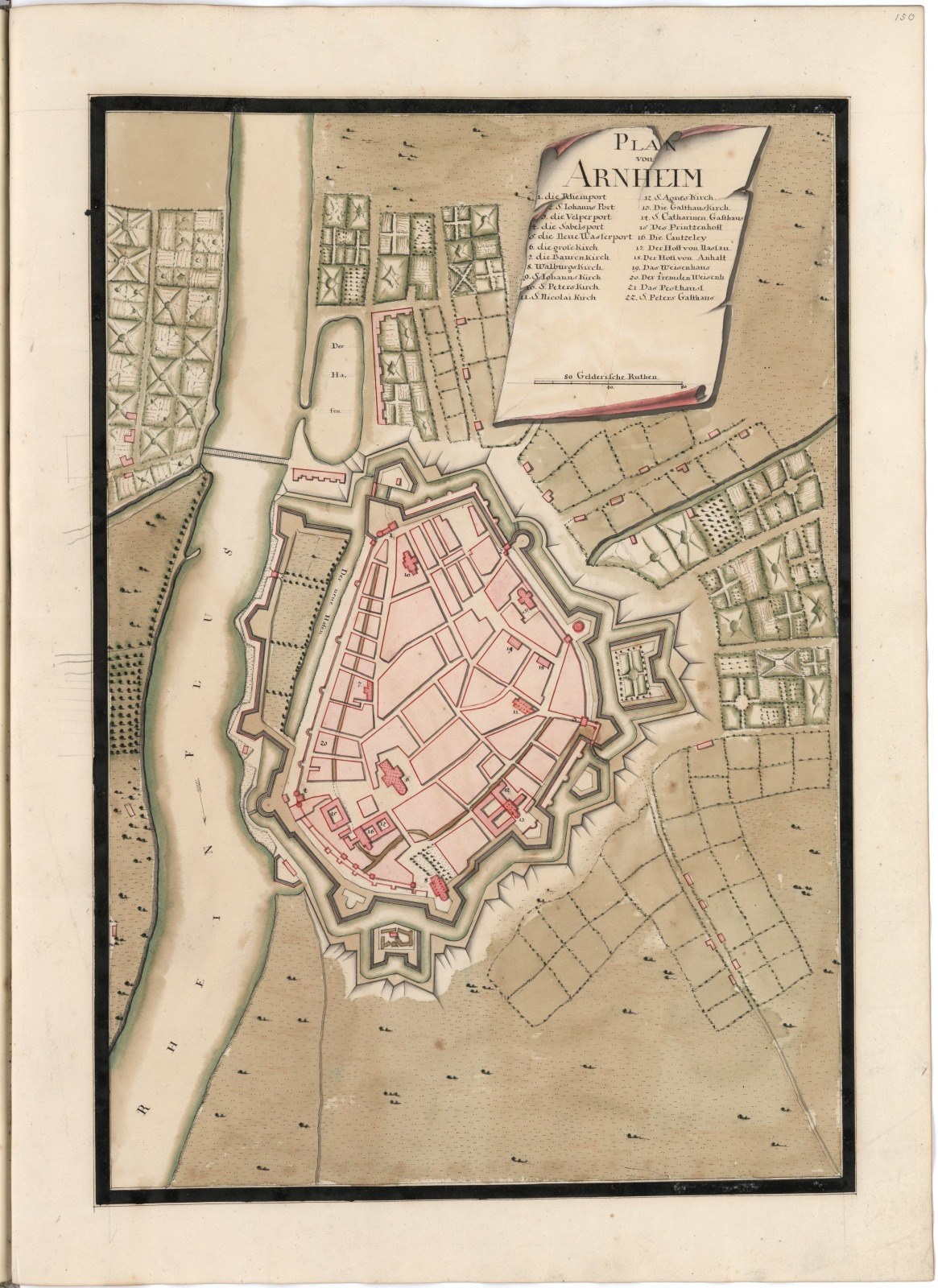Altes Buch mit einer detaillierten Karte von Arnheim, Deutschland, das Straßen, Gebäude und Sehenswürdigkeiten zeigt und von begleitendem Text begleitet wird.