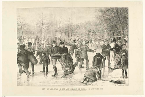 Eine Gruppe von Menschen, die auf einer Eisbahn in einem Park Schlittschuh läuft, mit Bäumen und einer Brücke im Hintergrund und Text unten, der 'Het us-vermaak in het vondelpark op zondag 10 januari 1887' lautet.