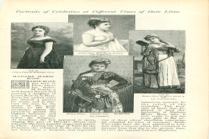 Ein altes Buch mit dem Titel "Porträts von Prominenten zu verschiedenen Zeiten ihres Lebens" zeigt eine Frau in einem langen, wallenden Kleid mit einem hohen Kragen und langen Ärmeln, ihr Haar ist zurückgebunden und sie hat einen sanften Gesichtsausdruck.