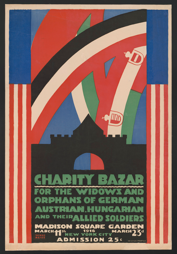 Plakat für einen Wohltätigkeitsbasar zugunsten der Witwen und Waisen von Soldaten verschiedener Nationen, mit Text zu den Einzelheiten des Ereignisses.