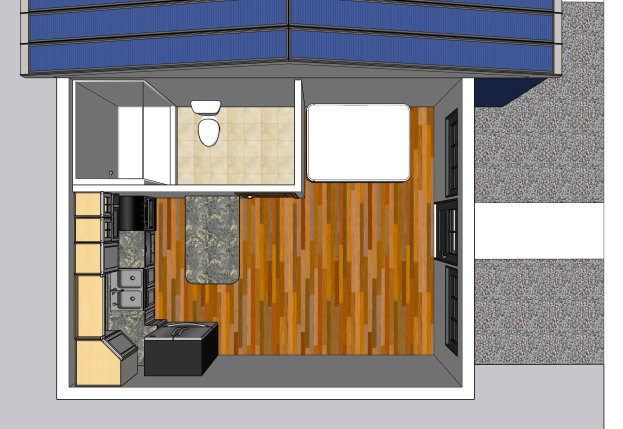 Grundriss eines Tiny House mit Küche und Wohnbereich, einschließlich Toilette, Waschbecken, Schränken und anderen Einrichtungsgegenständen.