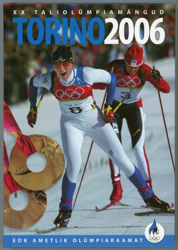 Plakat für die Olympischen Winterspiele 2006 in Turin, Italien, das zwei Skifahrer auf Schnee mit Skistöcken und der Aufschrift 'Turin 2006' oben zeigt.