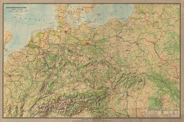 Ausführliches altes Deutschlandkarte mit Straßen, Autobahnen und geografischen Merkmalen mit Text oben und unten.