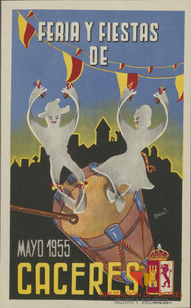Ein buntes Karnevalplakat mit Menschen in traditioneller Kleidung, einem hellgelben Hintergrund und der Schrift "Feria y Fiestas de Caceres" in fetter schwarzer Schrift, sowie einem Datum, einer Uhrzeit und einem Festival-Logo.