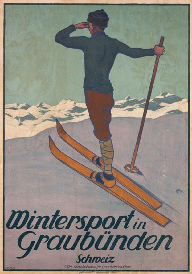 Ein Plakat in Graubünden, Schweiz, das einen Wintersport bewirbt, zeigt eine Person auf Skiern mit einem Stock gegen schneebedeckte Berge und Text.