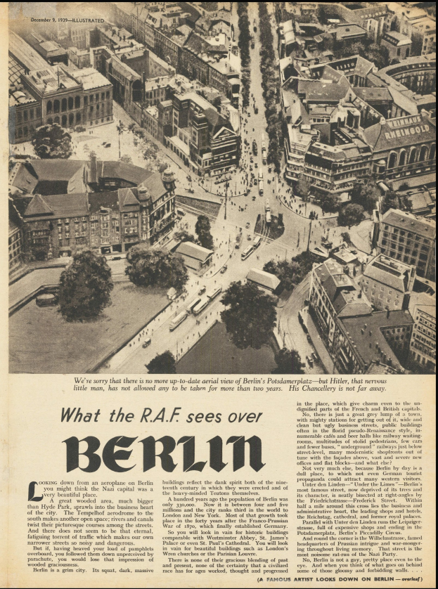 Alte Zeitung mit Schwarz-Weiß-Foto eines Stadtpanoramas mit Gebäuden, Bäumen und Fahrzeugen sowie Begleittext.