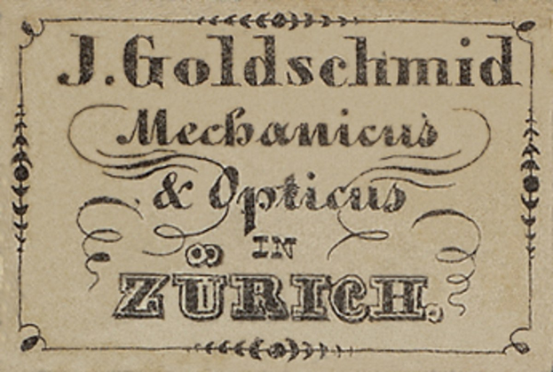 Alte Visitenkarte für "J. Goldschmidt Mechanicus & Optics in Zürich", wahrscheinlich aus dem frühen 20. Jahrhundert.