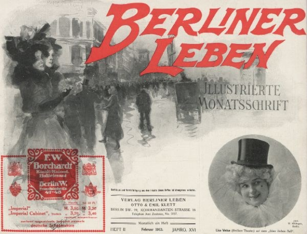 Werbeplakat für das Berliner Leben Theater mit einer Frau in Zylinder und einem Mann im Anzug, mit Text, Stempel, einigen Leuten und Geb├Ąuden im Hintergrund.