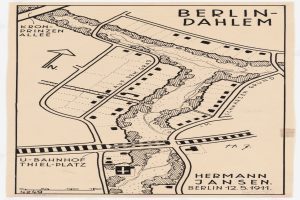 Eine detaillierte Karte von Berlin-Dahlem, Deutschland, mit Straßen, Gebäuden und Sehenswürdigkeiten, begleitet von Text, der die Geschichte, Kultur und Attraktionen der Stadt beschreibt.