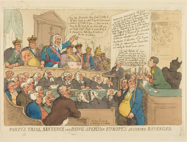 Cartoon-Illustration einer Gerichtsszene mit einem zentralen stehenden Mann, einer sitzenden Gruppe, einem Tisch mit Gegenständen rechts und der Beschriftung "Boney's Trial, Sentence, and Dying Speech Europe's Injuries Revenged" unten.