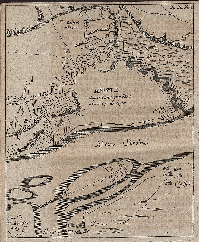 Ausführliche alte Karte von Meintz, Deutschland, zeigt Straßen, Gebäude und Sehenswürdigkeiten mit beschreibendem Text zur Bevölkerung, Lage und Geschichte.