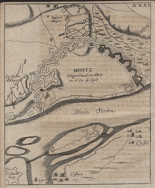Ausführliche alte Karte von Meintz, Deutschland, zeigt Straßen, Gebäude und Sehenswürdigkeiten mit beschreibendem Text zur Bevölkerung, Lage und Geschichte.