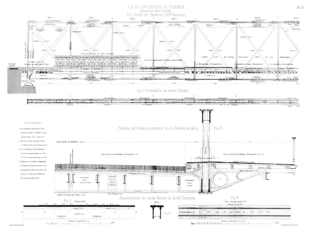 Ein detailliertes Bild einer Brücke, einschließlich der Kaiserbrücke in Bremen, begleitet von Text auf dem Papier.