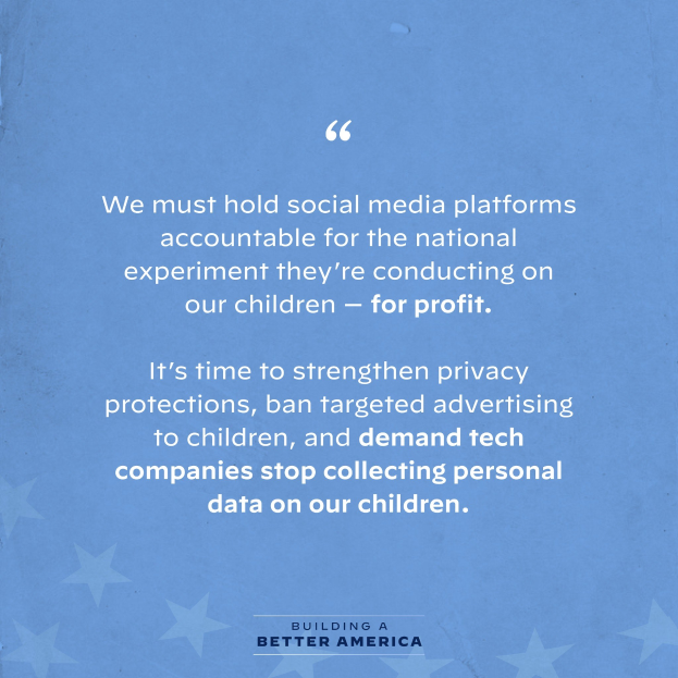 Plakat mit einem Zitat aus 'Building a Better America', das besagt, 'Wir müssen die sozialen Medien-Plattformen für das nationale Experiment zur Rechenschaft ziehen, das sie an unseren Kindern durchführen - zum Profit.', geschmückt mit Sternen.