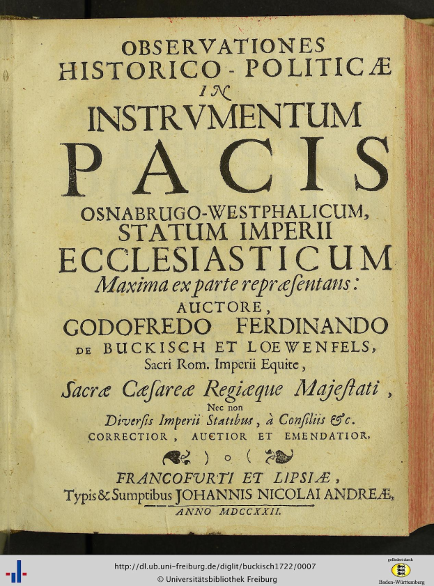 Altes Buch mit dem Titel "Beobachtungen Historico-Politica in Instrumentum Pacis" aufgeschlagen auf einer Seite mit schwarzer Tinte und dekorativem Rand.