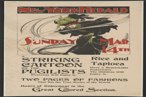 Plakat für die New York Herald am Sonntag, den 14. März, mit einer Karikatur einer Frau mit menschlichem Gesicht und begleitendem Text.