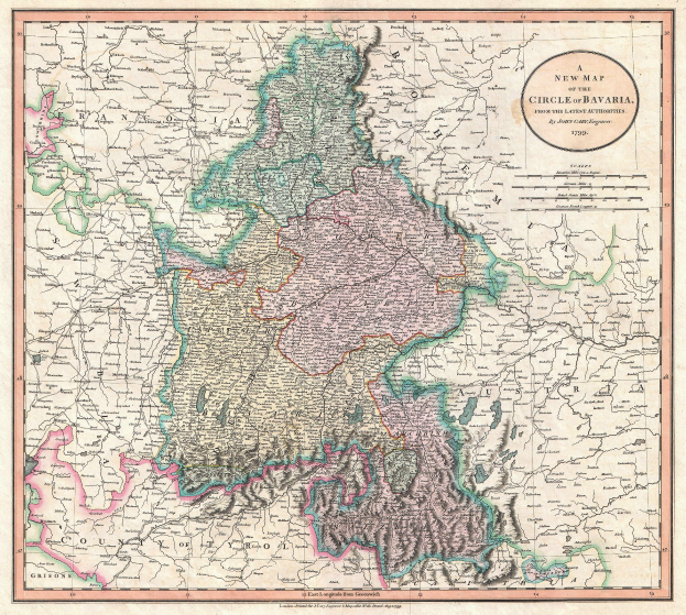 Ein gerahmtes Vintage-Stil-Karte von Bayern, Deutschland, mit sichtbaren Nachbarprovinzen und Österreich.