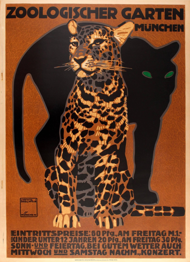 Plakat, das einen Münchner Zoo bewirbt und Bilder von einem Leopard und einer Hauskatze zeigt.