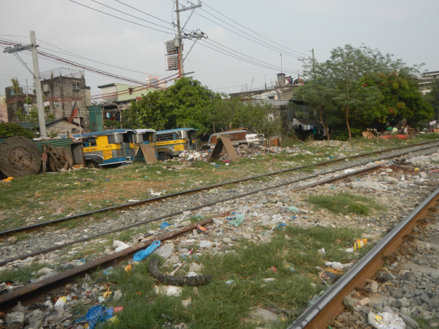 Eine von Müll übersäte Bahnschiene, umgeben von Gras, Steinen und anderem Schutt, mit Strommästen, Drähten, Bäumen, Gebäuden und einem klaren blauen Himmel im Hintergrund.